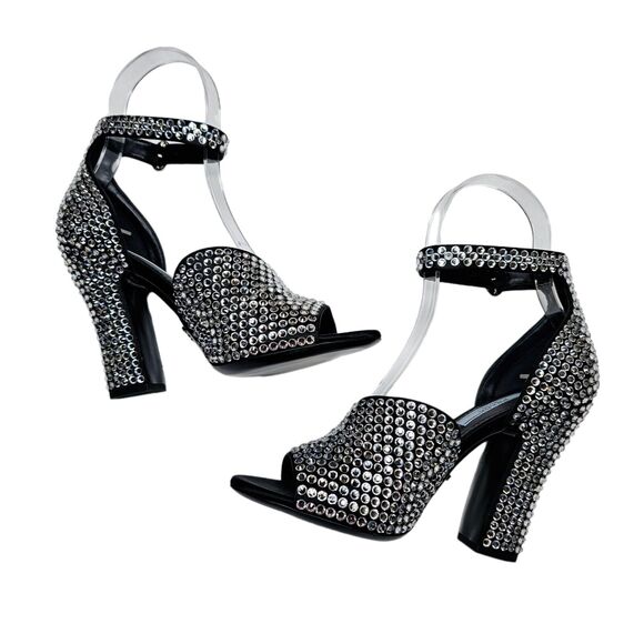 Prada Crystal Embellished Black Ankle Strap Heeled Sandals Size 36.5 US 6.5 - Picture 3 of 10